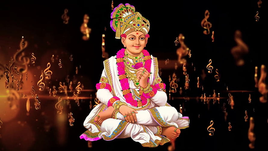 Swaminarayan Bhagwan in White Attire with Musical Notes on Dark Background HD wallpaper