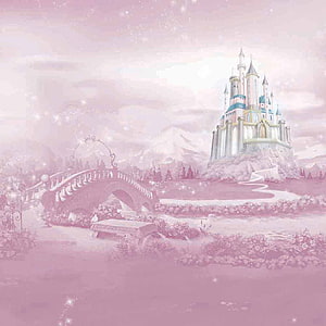 Dreamy Pink Fantasy Castle with Arched Bridge and Sparkling Garden Landscape HD phone wallpaper
