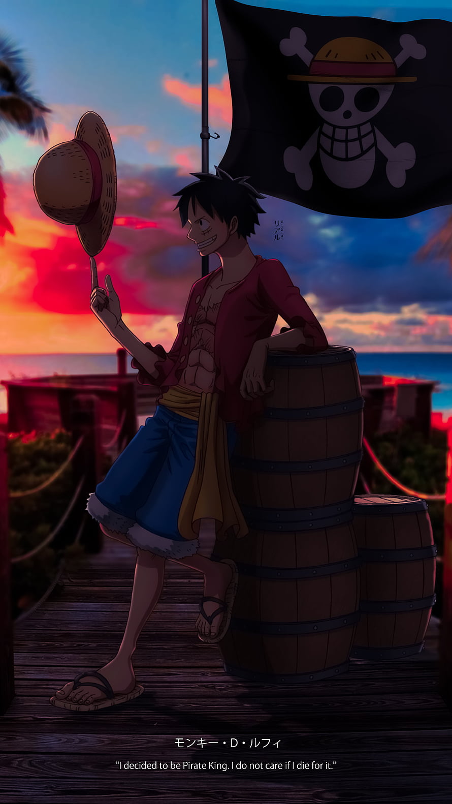Monkey D. Luffy leaning on barrel with straw hat at sunset dock HD phone wallpaper