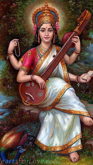 Saraswati Goddess Playing Veena With Peacock In Lush Garden HD phone wallpaper