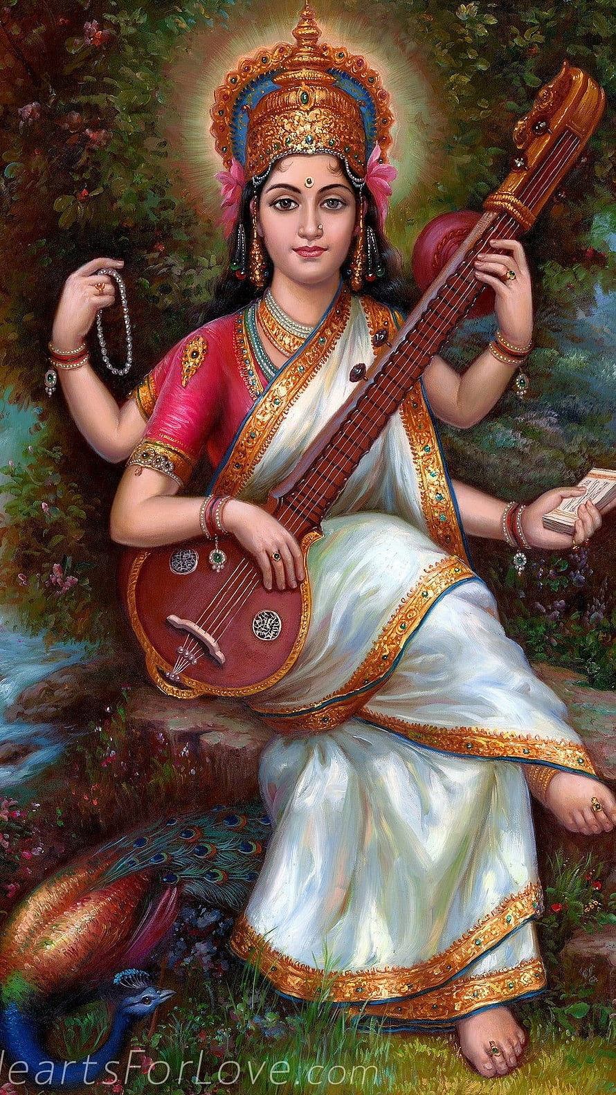 Saraswati Goddess Playing Veena With Peacock In Lush Garden HD phone wallpaper