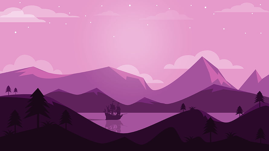 Minimalist Purple Mountain Landscape with Silhouetted Ship and Pine Trees HD wallpaper