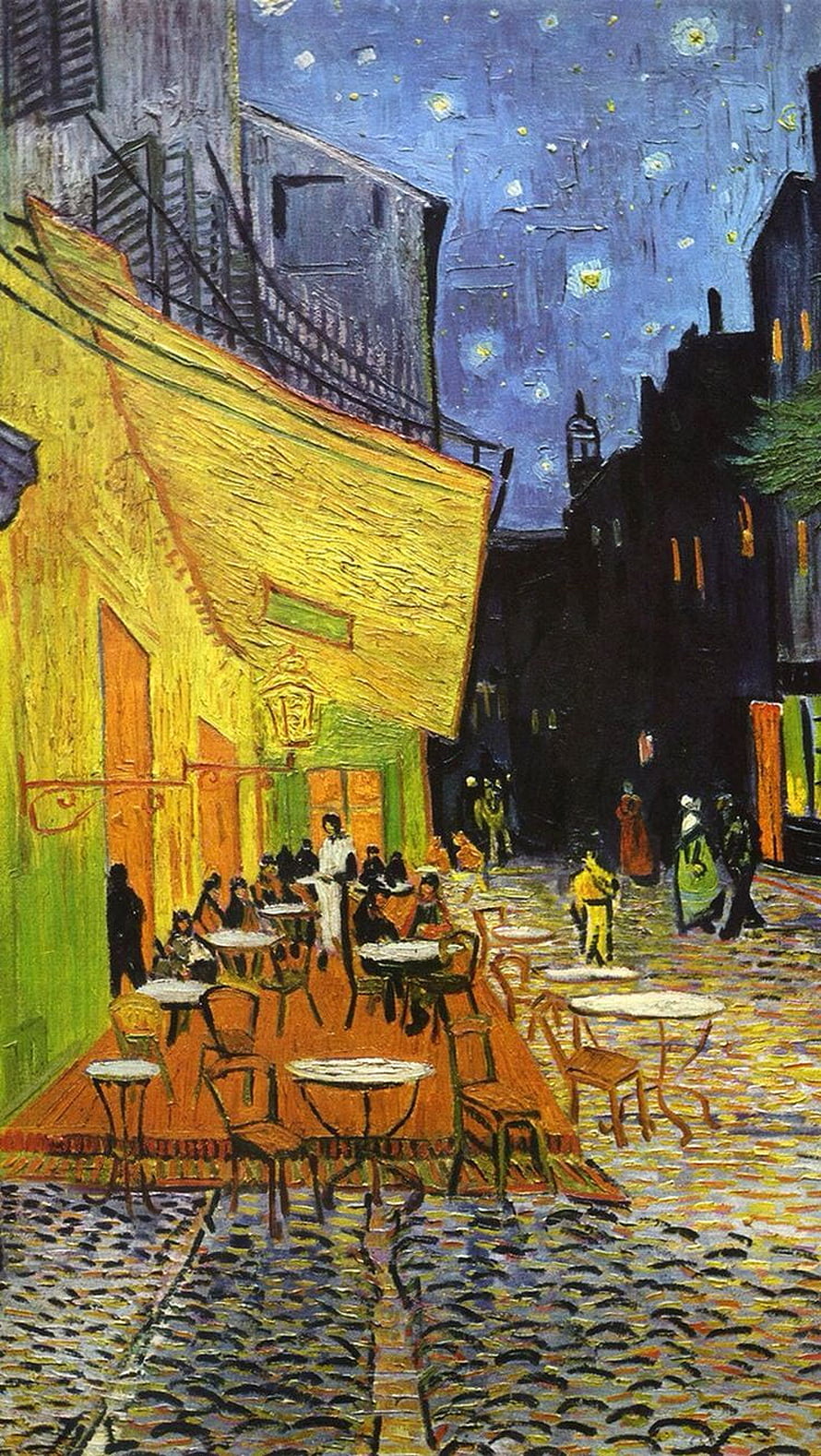 Vincent Van Gogh Cafe Terrace at Night Oil Painting with Starry Sky and Cobblestone Street HD phone wallpaper