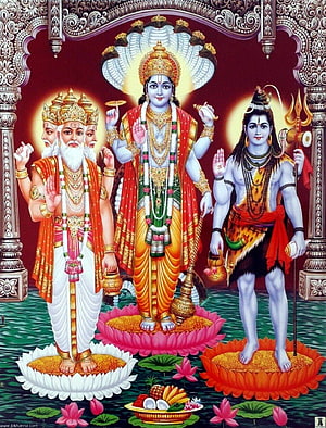 Trimurti Deities Brahma Vishnu Shiva Standing on Lotus Flowers in Sacred Water HD phone wallpaper