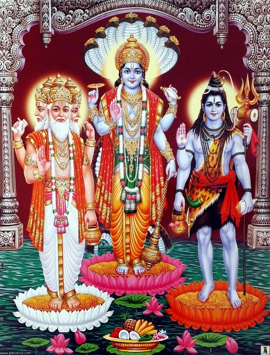 Trimurti Deities Brahma Vishnu Shiva Standing on Lotus Flowers in Sacred Water HD phone wallpaper