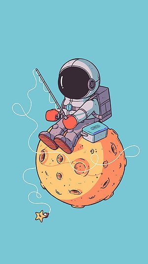 Cute Astronaut Fishing on the Moon with a Star Catch Illustration HD phone wallpaper