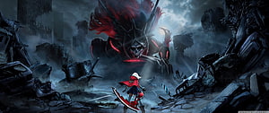 Anime Warrior Confronting Giant Demon in Post-Apocalyptic Ruins HD wallpaper