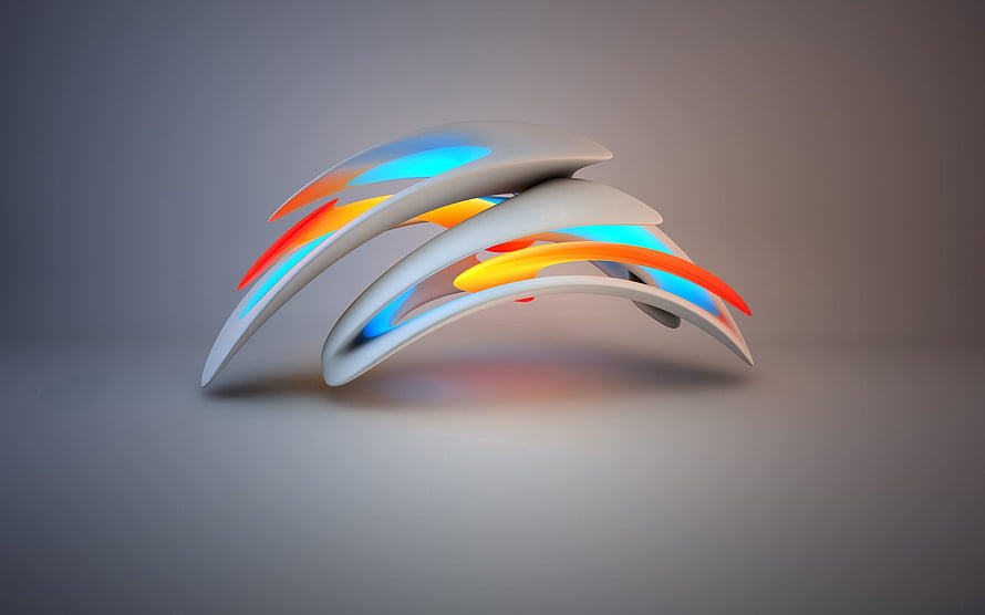 Abstract 3D Sculpture with Curved White Forms and Vibrant Cyan Orange Accents HD wallpaper