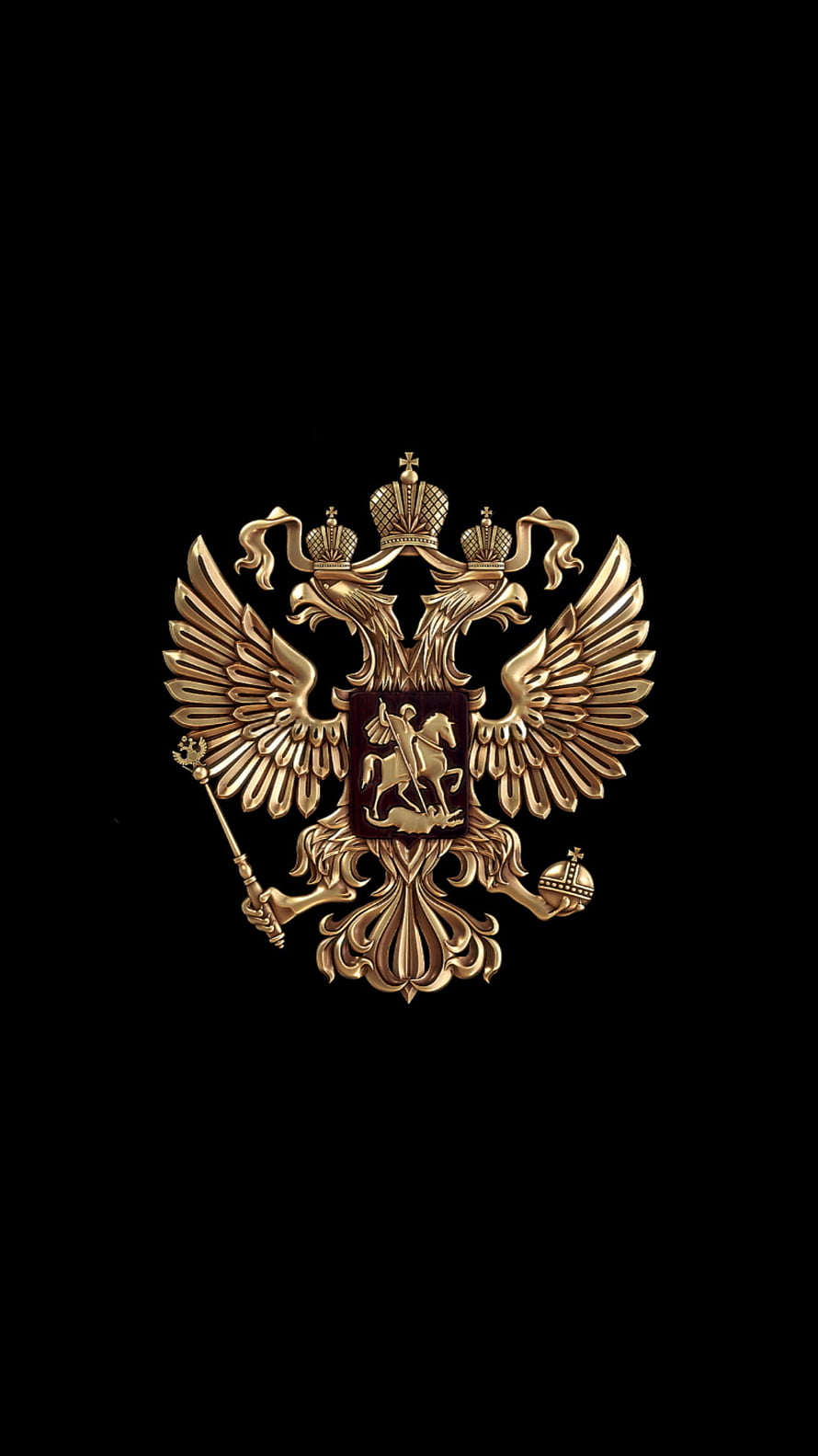 Golden Russian Double-Headed Eagle Emblem with Imperial Crown and Shield on Black Background HD phone wallpaper