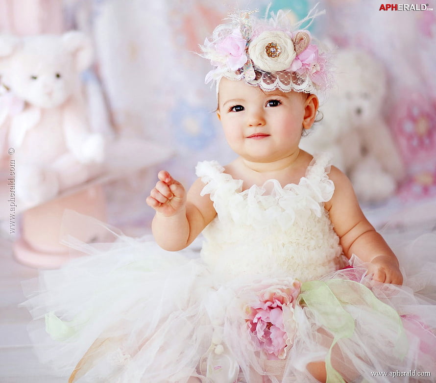 Adorable Baby Girl in White Tulle Dress and Floral Headband HD wallpaper