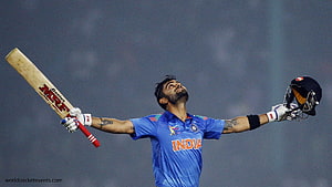 Virat Kohli Celebrating in India Cricket Jersey with Bat and Helmet HD wallpaper