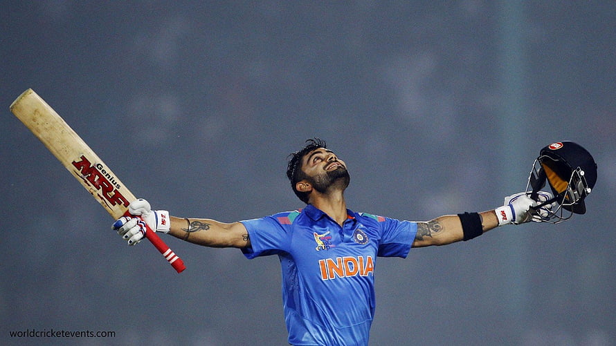 Virat Kohli Celebrating in India Cricket Jersey with Bat and Helmet HD wallpaper