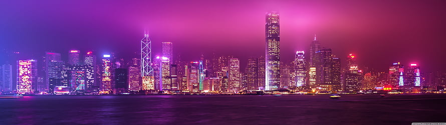 Vibrant Hong Kong Skyline at Night with Purple and Pink Neon Lights HD wallpaper