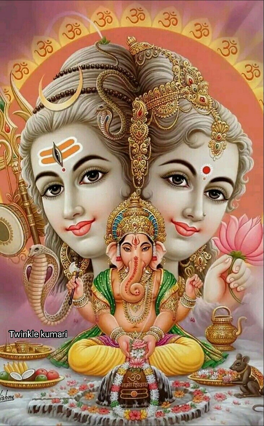 Lord Ganesha with Shiva and Parvati Hindu Deities Wallpaper HD phone wallpaper