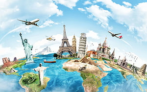 Global Travel Concept Featuring Famous World Landmarks On A Stylized Globe With Airplanes HD wallpaper