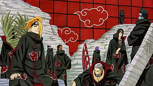Akatsuki Members in Black Cloaks with Red Clouds in Naruto Anime HD wallpaper