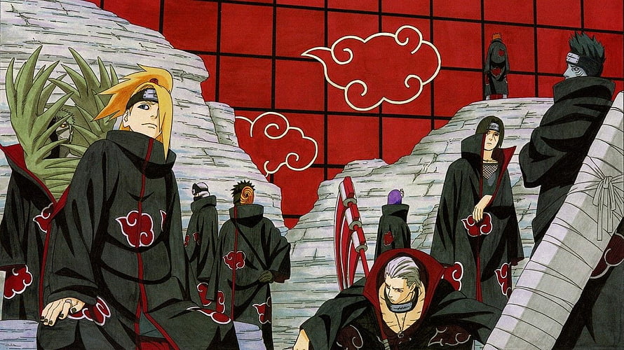 Akatsuki Members in Black Cloaks with Red Clouds in Naruto Anime HD wallpaper