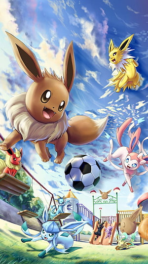 Pokemon Eeveelutions Playing Soccer in a Sunny Park HD phone wallpaper