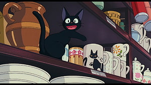 Jiji the Black Cat from Kiki's Delivery Service Sitting on a Shelf with Mugs HD wallpaper