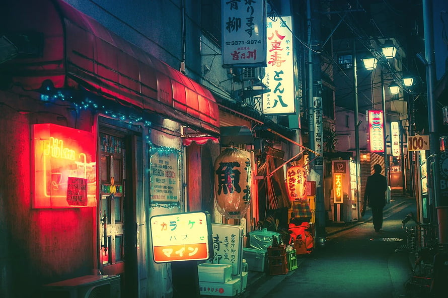 Neon-lit Japanese alleyway at night with glowing signs and lanterns HD wallpaper