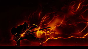 Silhouette of a swordsman wielding a katana amidst intense red lightning and fiery energy, Anime Demon Slayer Kimetsu No Yaiba Zenitsu Agatsuma , Zenitsu HD wallpaper