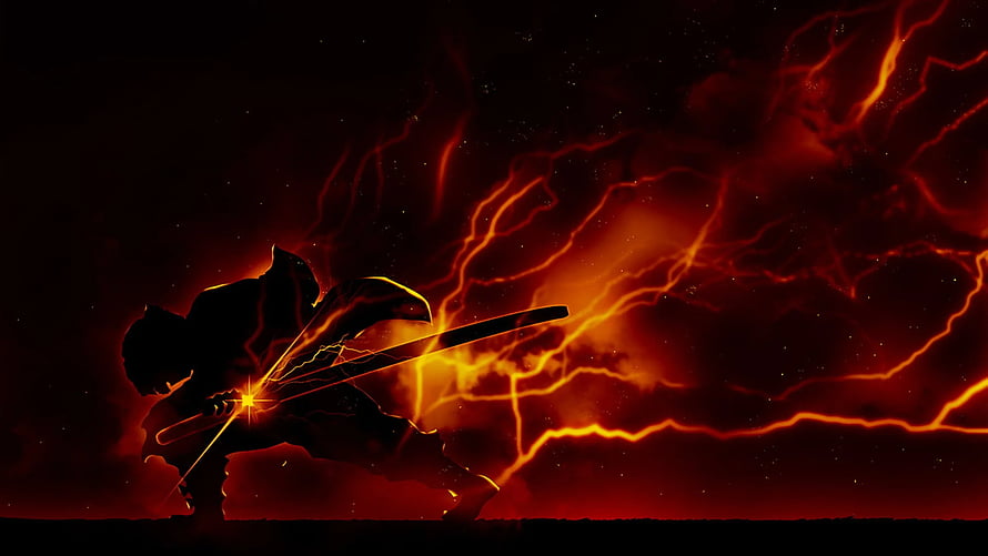 Silhouette of a swordsman wielding a katana amidst intense red lightning and fiery energy, Anime Demon Slayer Kimetsu No Yaiba Zenitsu Agatsuma , Zenitsu HD wallpaper