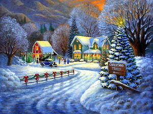 Cozy Winter Village Scene with Christmas Trees and Snowy Cottages HD wallpaper