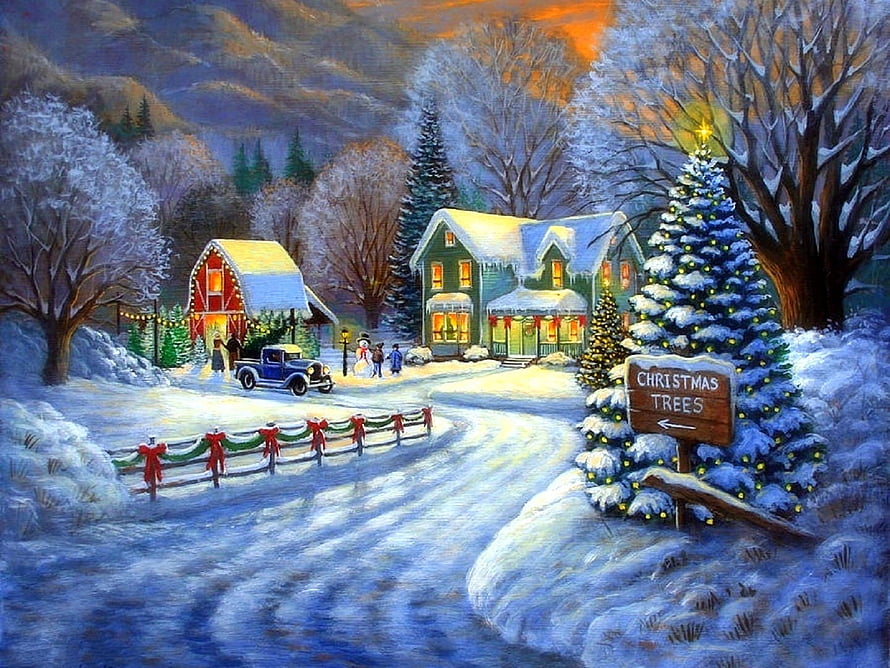Cozy Winter Village Scene with Christmas Trees and Snowy Cottages HD wallpaper