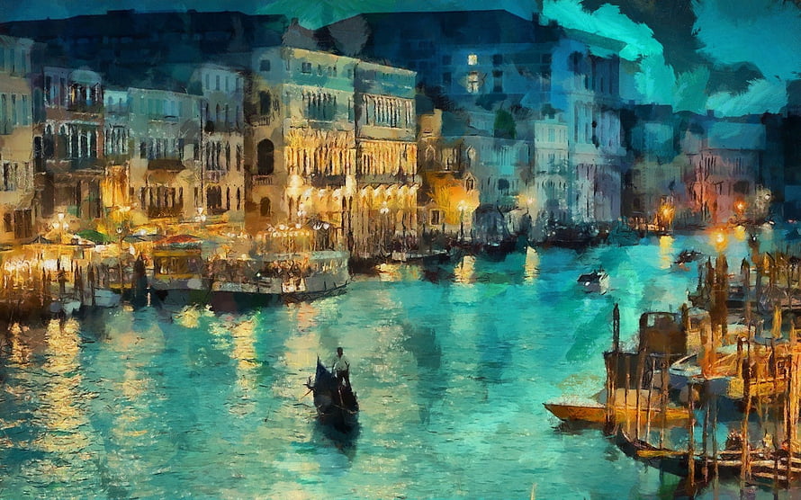 Venetian Canal at Dusk with Gondolas and Historic Architecture in Impressionist Style HD wallpaper