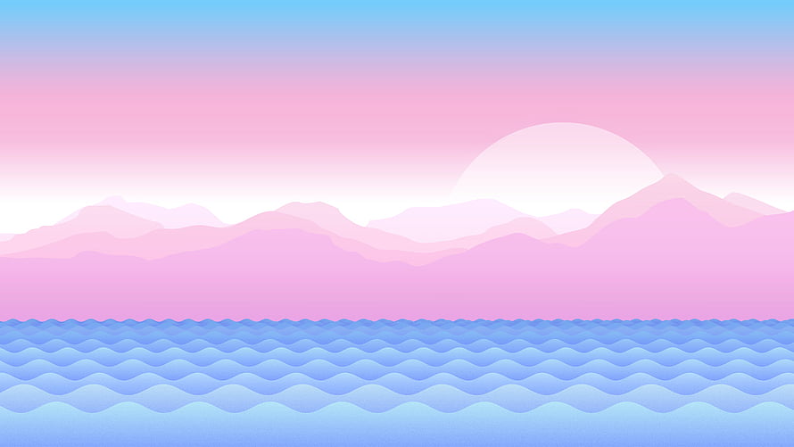 Pastel Trans Pride Flag Landscape with Layered Mountains and Ocean Waves HD wallpaper
