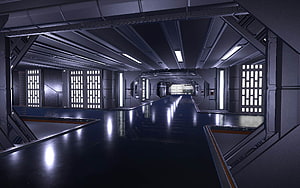 Futuristic Sci-Fi Space Station Corridor With Reflective Floors And Neon Lighting HD wallpaper