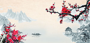 Traditional Chinese Ink Wash Landscape with Red Plum Blossoms and Misty Mountains HD wallpaper