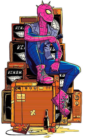 Spider Punk Rock Star Sitting on Stacked Amplifiers with Microphone HD phone wallpaper