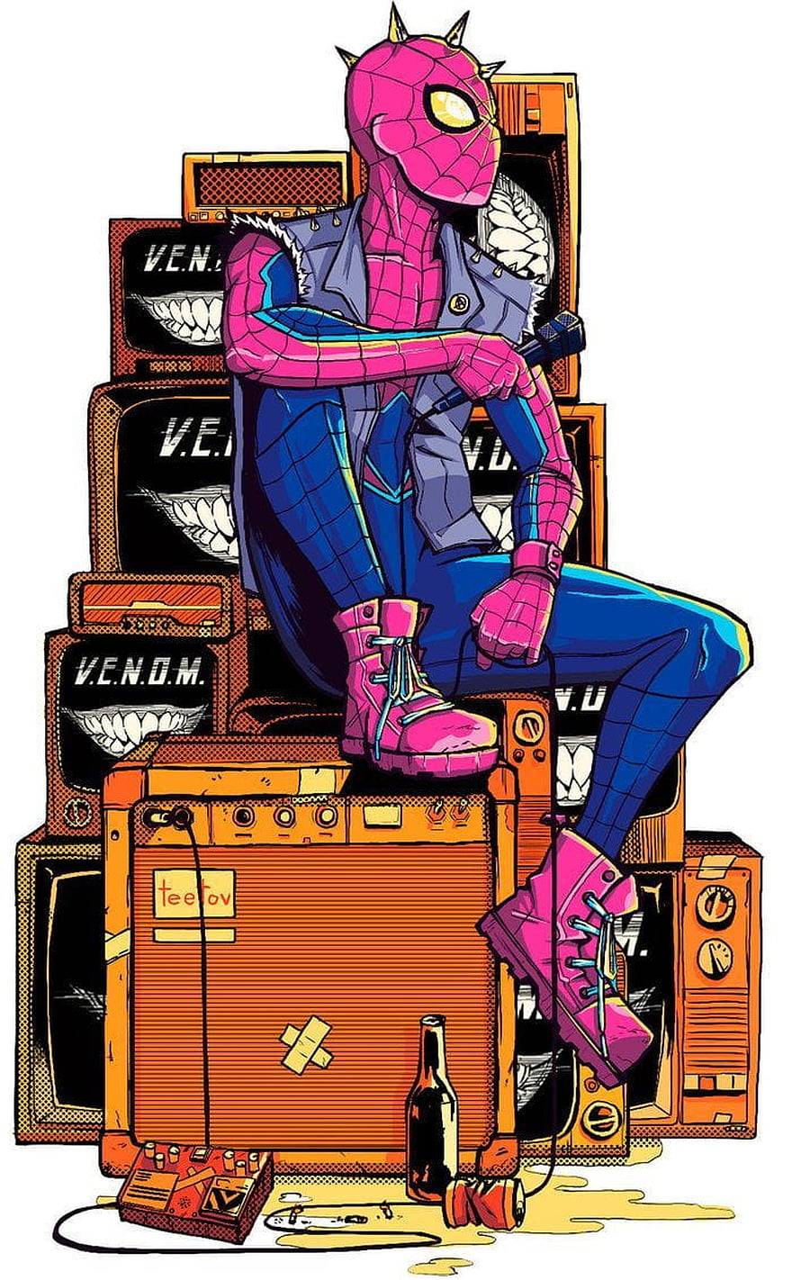 Spider Punk Rock Star Sitting on Stacked Amplifiers with Microphone HD phone wallpaper