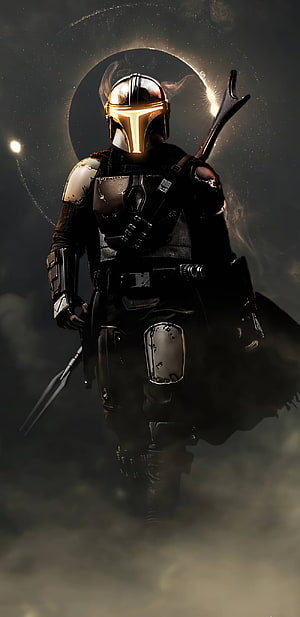 The Mandalorian Din Djarin in Beskar Armor with T-Visor Glowing Against a Dark Cosmic Eclipse Background, The Mandalorian. Star wars background, Star wars , Star wars, Mandalorian Armor HD phone wallpaper