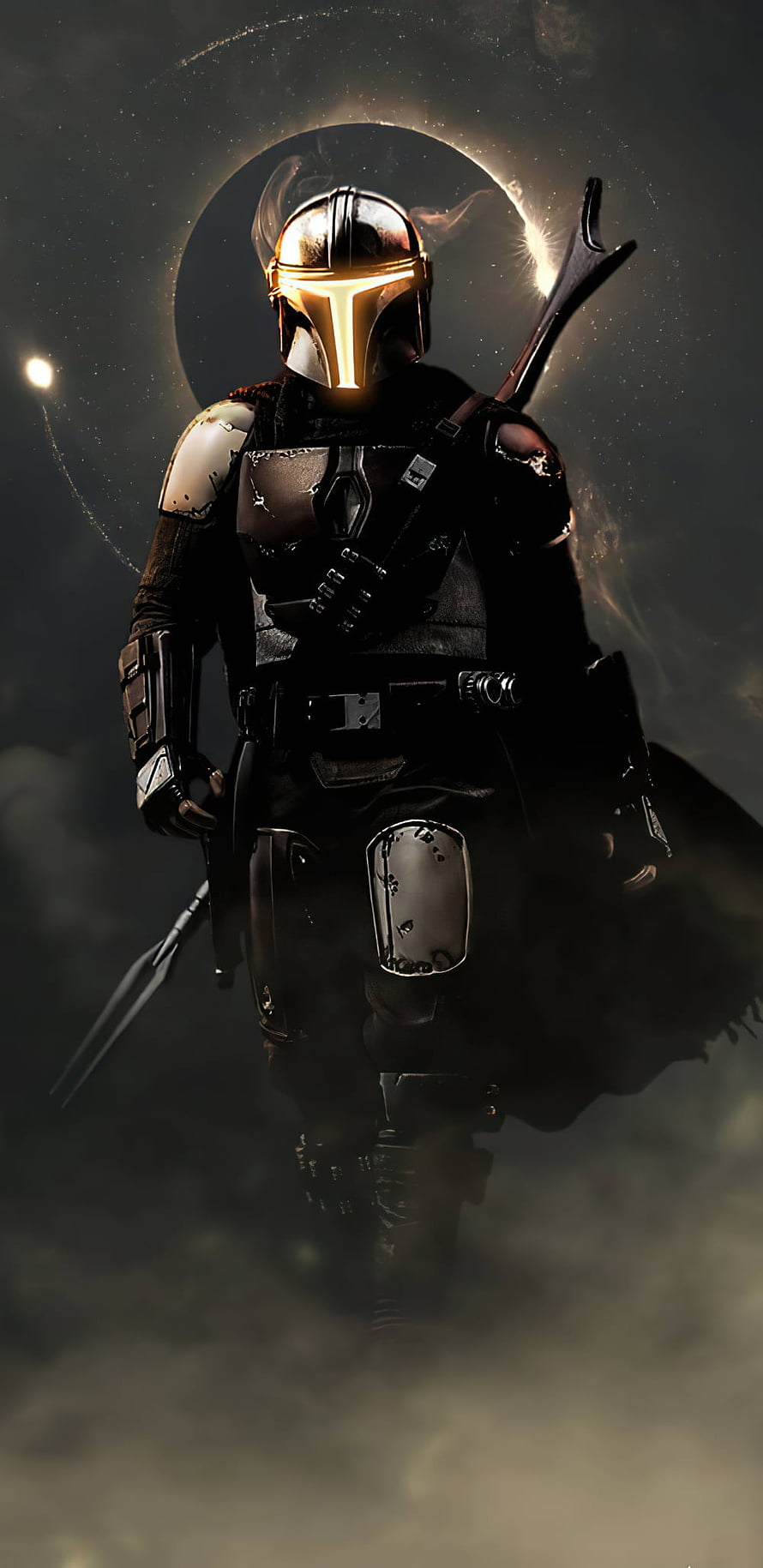 The Mandalorian Din Djarin in Beskar Armor with T-Visor Glowing Against a Dark Cosmic Eclipse Background, The Mandalorian. Star wars background, Star wars , Star wars, Mandalorian Armor HD phone wallpaper