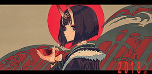 Anime Girl With Horns Holding Red Cup Against Red Sun And Dragon Motif HD wallpaper