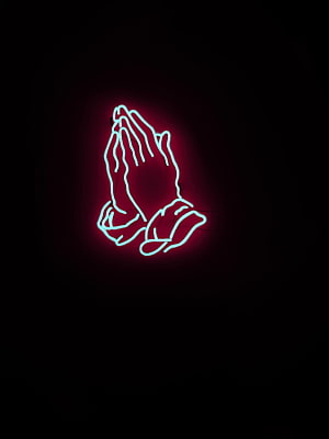 Glowing Cyan Neon Praying Hands Sign on Black Background HD phone wallpaper