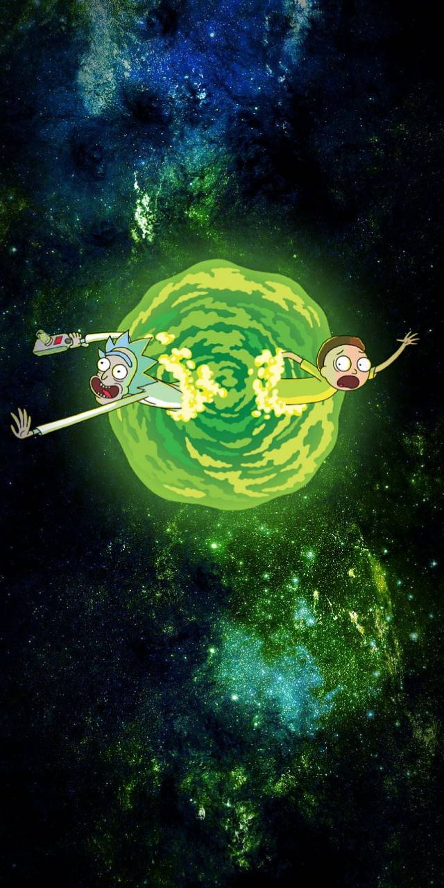 Rick and Morty characters floating near a glowing green portal in a starry cosmic nebula HD phone wallpaper