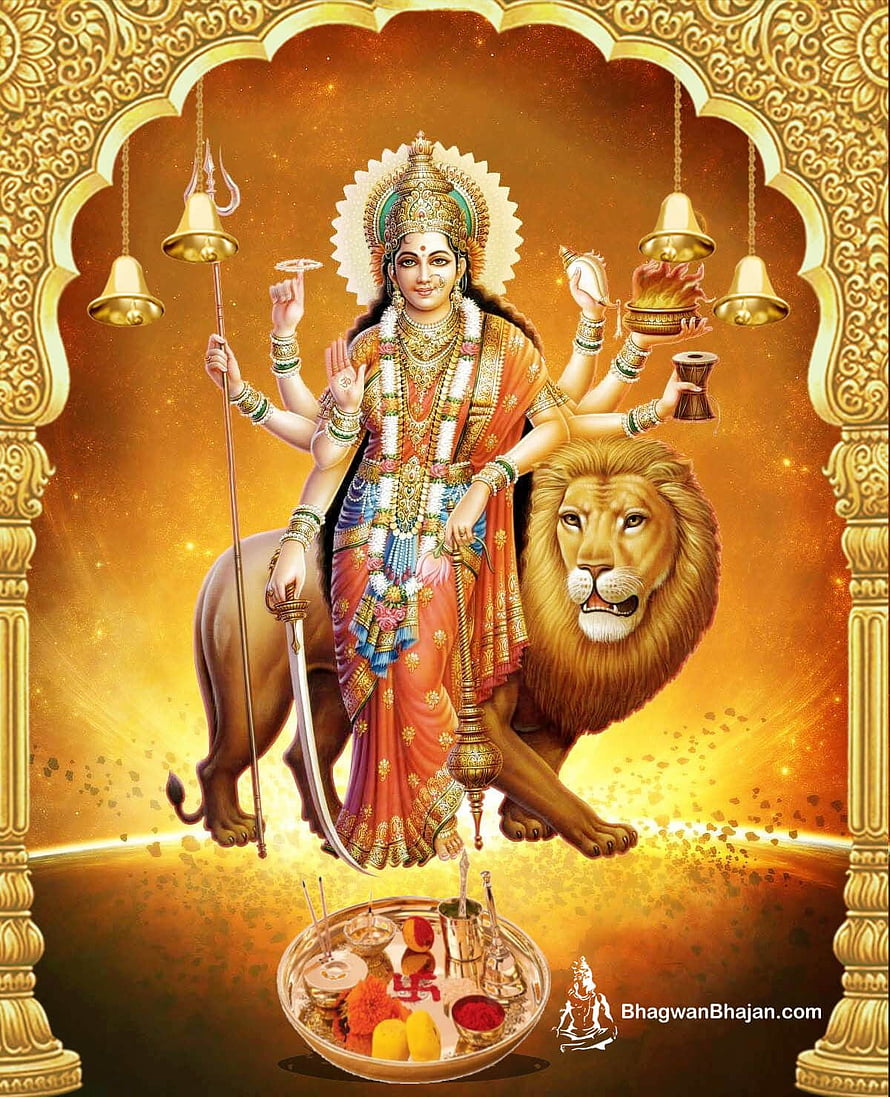 Maa Durga Riding Lion with Trishul and Sword in Golden Temple Arch HD phone wallpaper