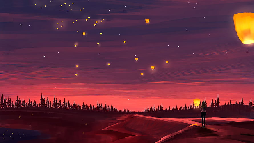 Lone Figure Releasing Glowing Lanterns Into A Vibrant Purple And Red Sunset Sky Over A Silhouetted Forest Landscape HD wallpaper