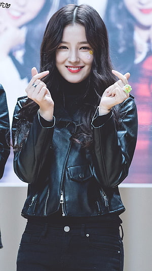 Nancy from Momoland in Black Leather Jacket with Finger Heart Gesture HD phone wallpaper
