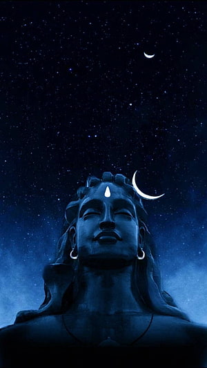 Lord Shiva Statue Under Starry Night Sky With Crescent Moon HD phone wallpaper