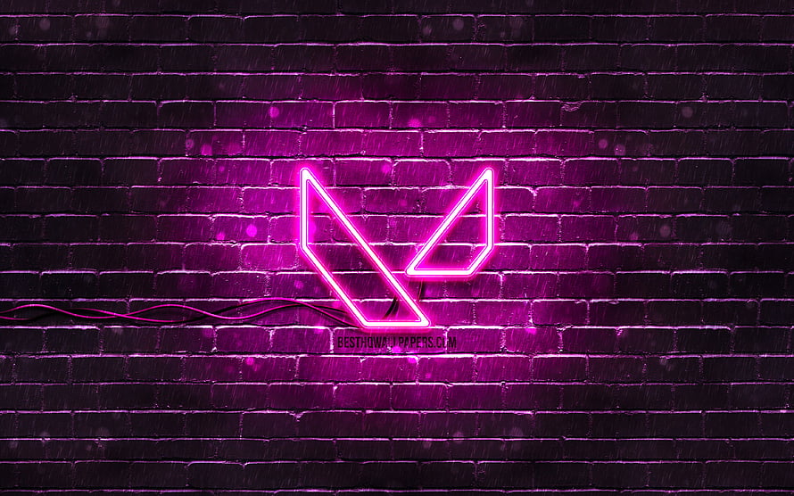 Valorant Neon Logo Glowing on Dark Brick Wall with Purple Lighting HD wallpaper