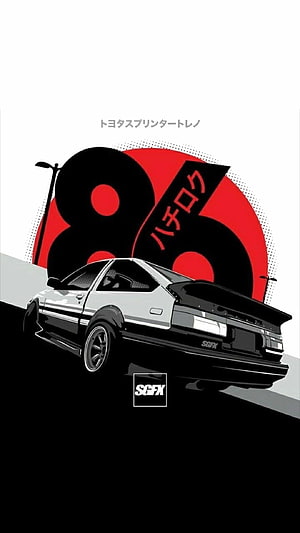 Stylized Illustration of a White Toyota Sprinter Trueno AE86 JDM Drift Car HD phone wallpaper