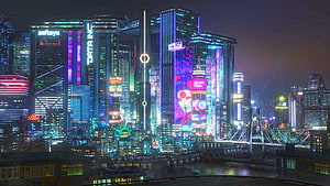 Cyberpunk 2077 Night City Neon Skyline with Futuristic Skyscrapers and Digital Billboards HD wallpaper
