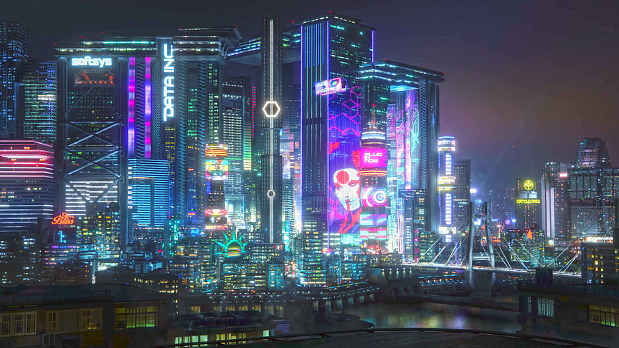 Cyberpunk 2077 Night City Neon Skyline with Futuristic Skyscrapers and Digital Billboards HD wallpaper