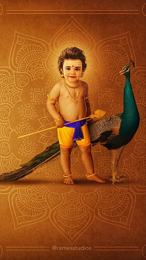 Cute Baby Krishna Holding Peacock Feather with Golden Background HD phone wallpaper