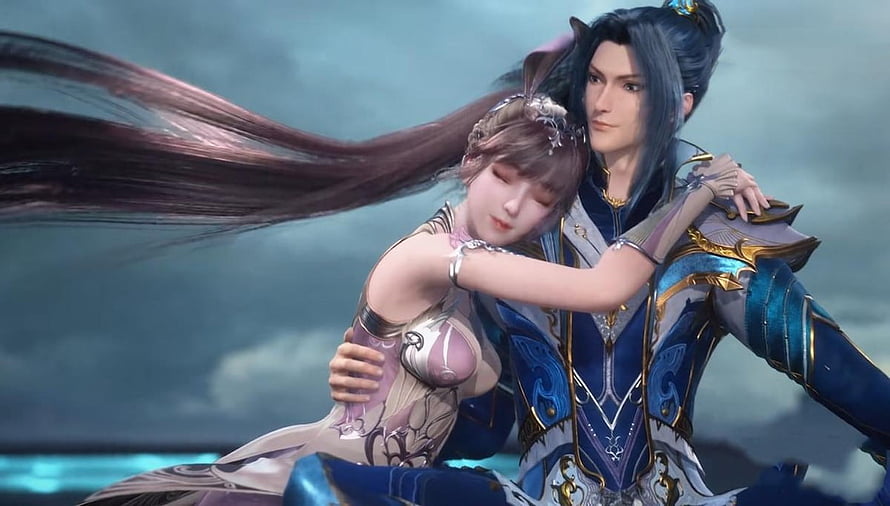 Tang San and Xiao Wu Embrace in Dramatic Fantasy Scene HD wallpaper
