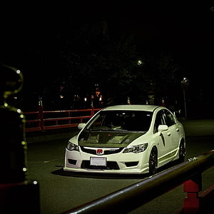 White Honda Civic FD Type R with Carbon Hood Parked on a Bridge at Night HD phone wallpaper
